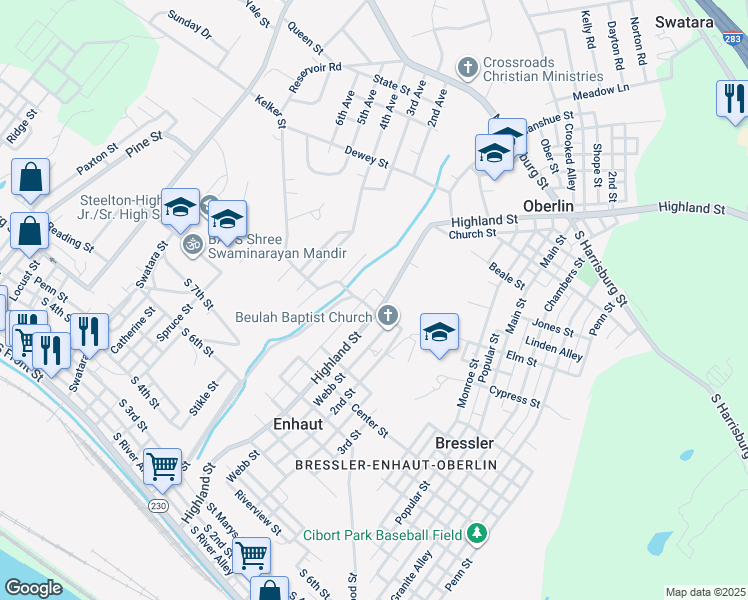map of restaurants, bars, coffee shops, grocery stores, and more near 767 Highland Street in Steelton