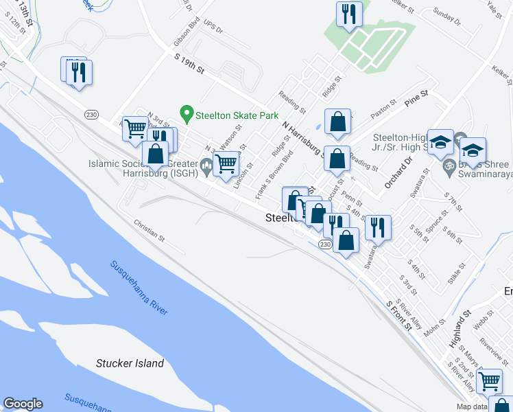 map of restaurants, bars, coffee shops, grocery stores, and more near 1 Adams Street in Steelton