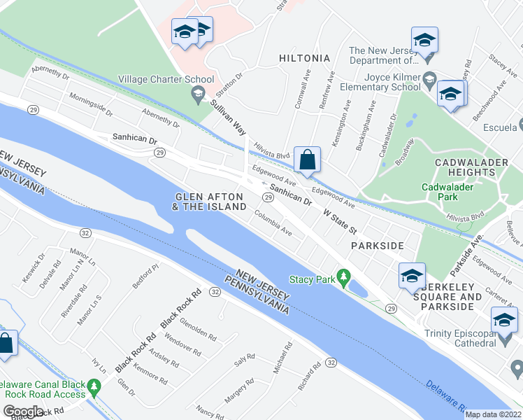 map of restaurants, bars, coffee shops, grocery stores, and more near 130 Columbia Avenue in Trenton