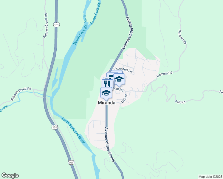 map of restaurants, bars, coffee shops, grocery stores, and more near 32 School Road in Miranda