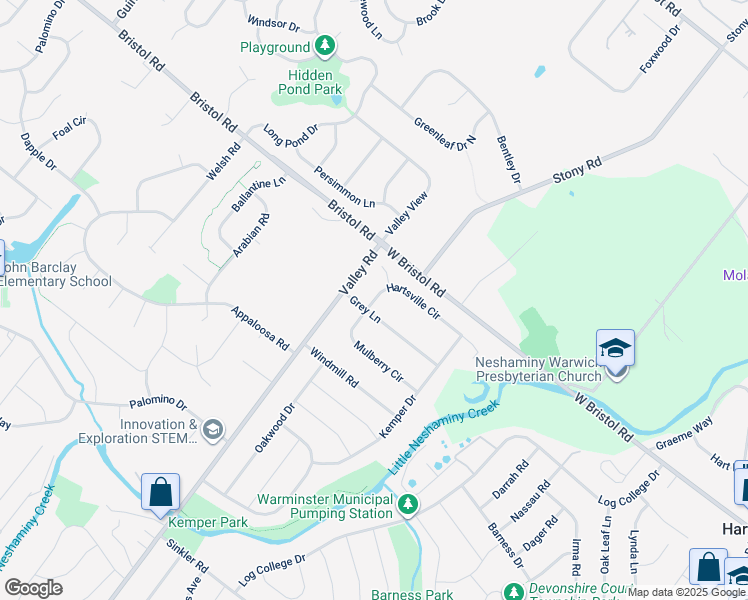 map of restaurants, bars, coffee shops, grocery stores, and more near 1561 Hartsville Circle in Warminster