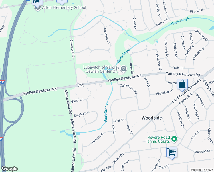 map of restaurants, bars, coffee shops, grocery stores, and more near 1501 Yardley Newtown Road in Yardley