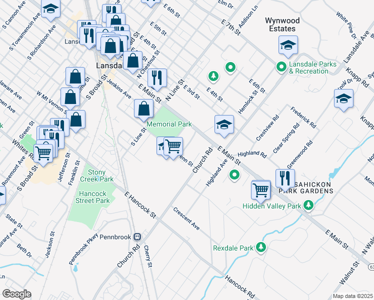 map of restaurants, bars, coffee shops, grocery stores, and more near 47 Woodland Drive in Lansdale