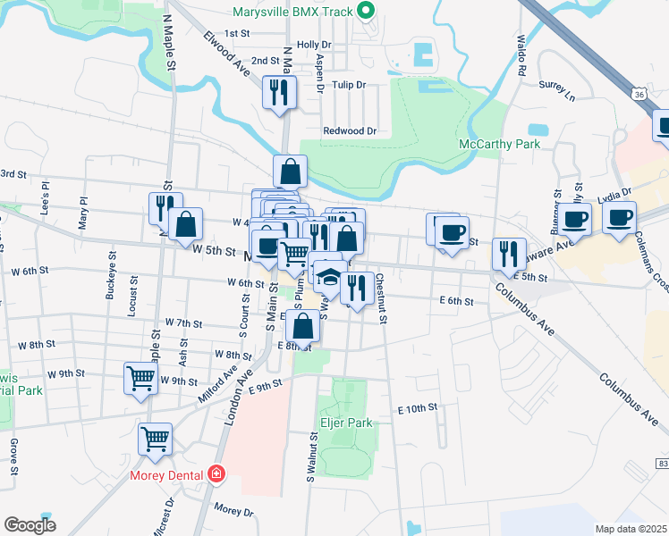 map of restaurants, bars, coffee shops, grocery stores, and more near 303 East 5th Street in Marysville