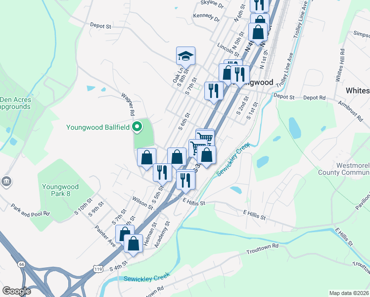 map of restaurants, bars, coffee shops, grocery stores, and more near 226 South 5th Street in Youngwood