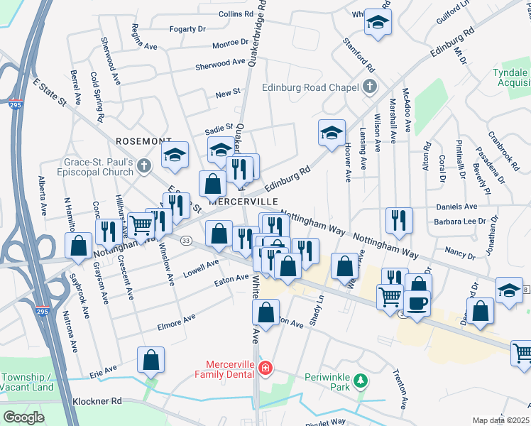 map of restaurants, bars, coffee shops, grocery stores, and more near 2733 Nottingham Way in Hamilton Township