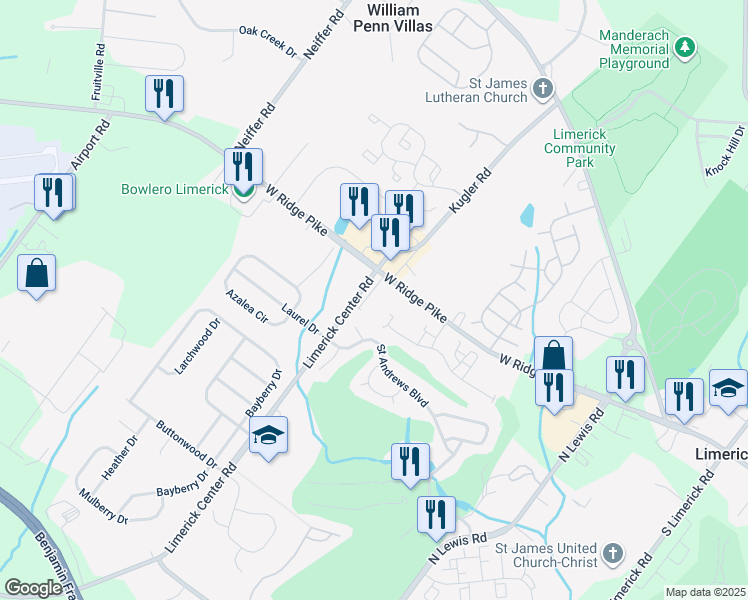 map of restaurants, bars, coffee shops, grocery stores, and more near 337 West Ridge Pike in Limerick