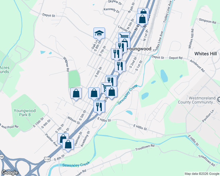 map of restaurants, bars, coffee shops, grocery stores, and more near 217 S 3rd St in Youngwood