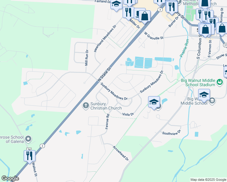 map of restaurants, bars, coffee shops, grocery stores, and more near 1043 Sunbury Meadows Drive in Sunbury