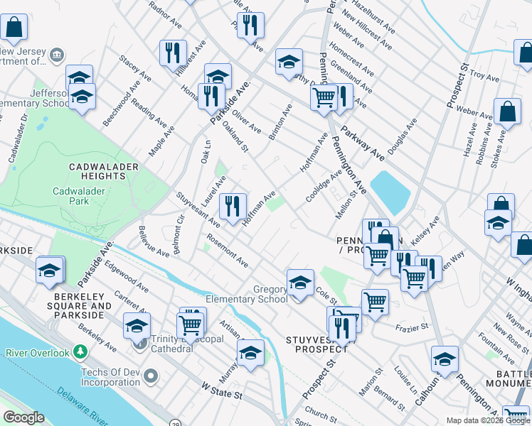 map of restaurants, bars, coffee shops, grocery stores, and more near 59 Ellsworth Avenue in Trenton