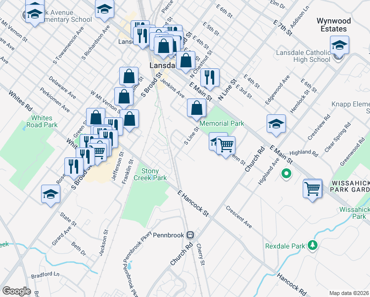 map of restaurants, bars, coffee shops, grocery stores, and more near 227 South Line Street in Lansdale