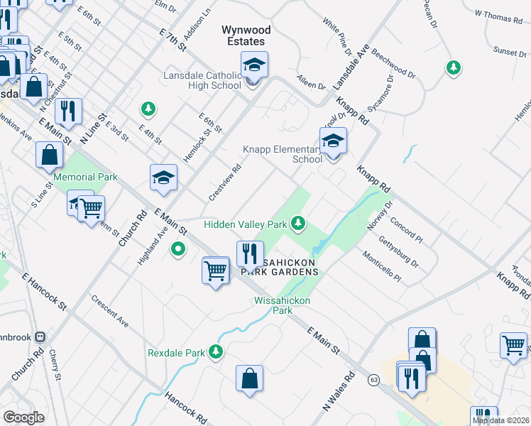 map of restaurants, bars, coffee shops, grocery stores, and more near 312 Greenwood Road in Lansdale