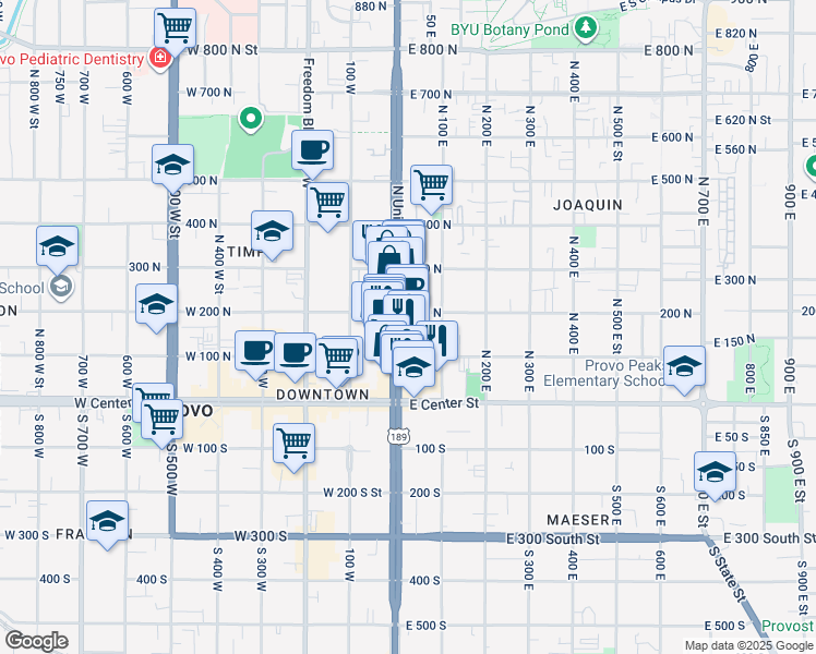 map of restaurants, bars, coffee shops, grocery stores, and more near 130 North University Avenue in Provo