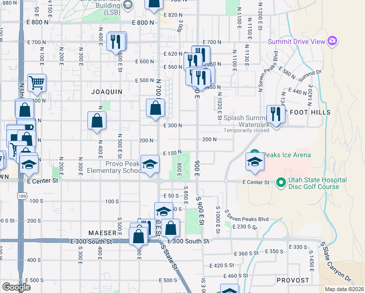 map of restaurants, bars, coffee shops, grocery stores, and more near 165 800 East in Provo