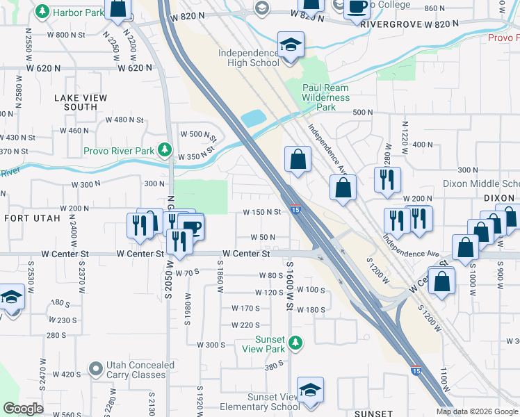 map of restaurants, bars, coffee shops, grocery stores, and more near 1758 West 150 North Street in Provo