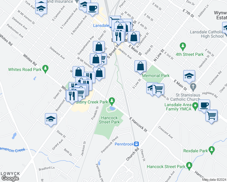 map of restaurants, bars, coffee shops, grocery stores, and more near 206 Bamboo Drive in Lansdale