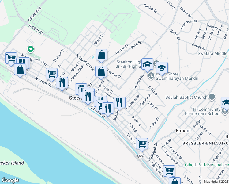map of restaurants, bars, coffee shops, grocery stores, and more near 123 Penn St in Steelton