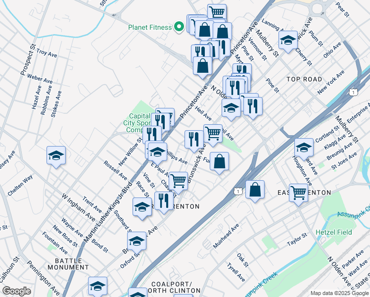 map of restaurants, bars, coffee shops, grocery stores, and more near 141 Miller Street in Trenton