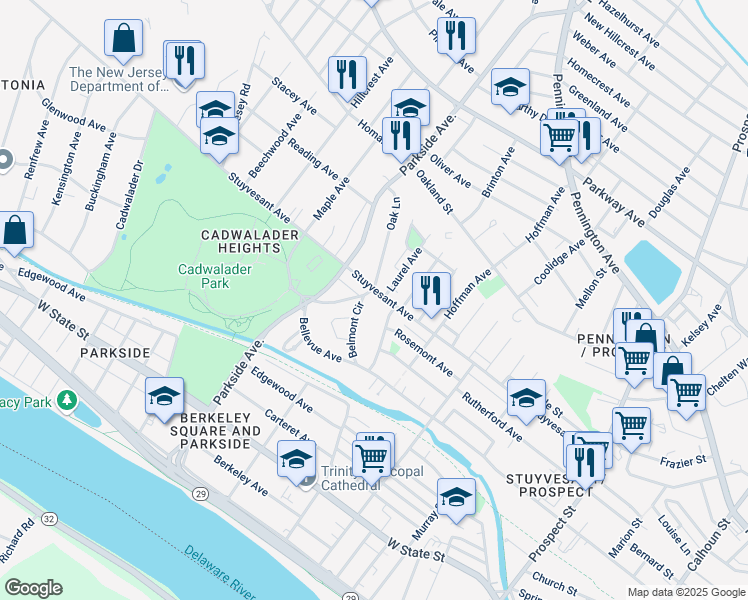 map of restaurants, bars, coffee shops, grocery stores, and more near 24 Belmont Circle in Trenton