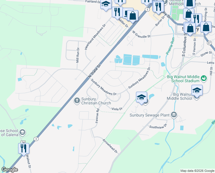 map of restaurants, bars, coffee shops, grocery stores, and more near 1043 Sunbury Meadows Drive in Sunbury