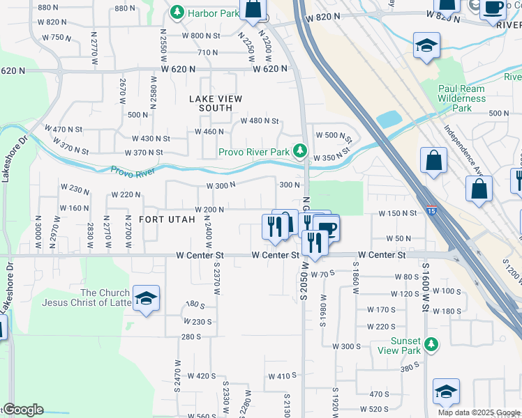 map of restaurants, bars, coffee shops, grocery stores, and more near 143 North 2250 West in Provo