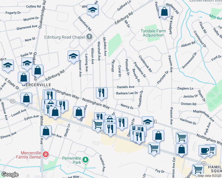 map of restaurants, bars, coffee shops, grocery stores, and more near 1 Steven Avenue in Hamilton Township