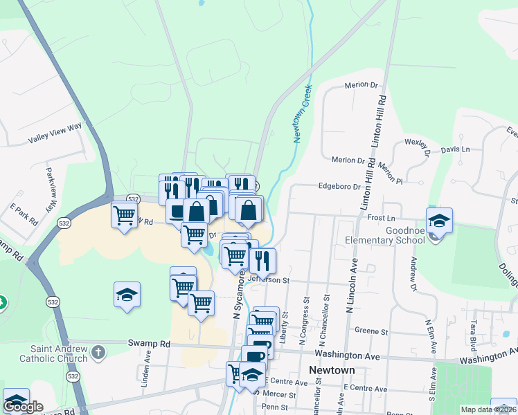 map of restaurants, bars, coffee shops, grocery stores, and more near 301 Washington Crossing Road in Newtown