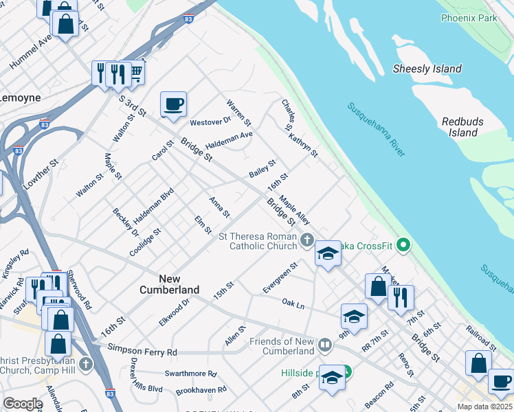 map of restaurants, bars, coffee shops, grocery stores, and more near 300 16th Street in New Cumberland