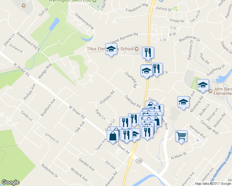 map of restaurants, bars, coffee shops, grocery stores, and more near 2288 Oakfield Road in Warrington