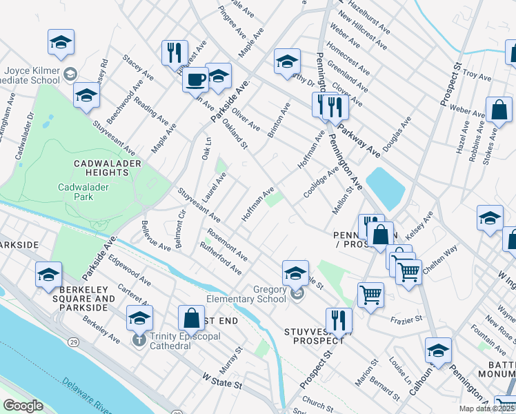 map of restaurants, bars, coffee shops, grocery stores, and more near 165 Hoffman Avenue in Trenton