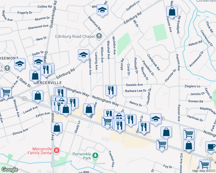 map of restaurants, bars, coffee shops, grocery stores, and more near 303 Marshall Avenue in Hamilton Township