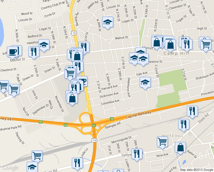 map of restaurants, bars, coffee shops, grocery stores, and more near 3008 Harvard Ave in Camp Hill