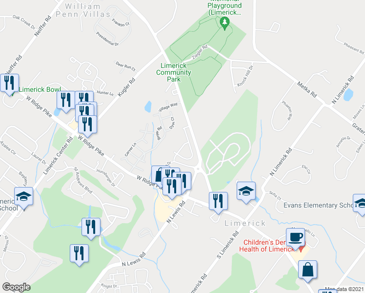 map of restaurants, bars, coffee shops, grocery stores, and more near Larrabee Way in Montgomery County