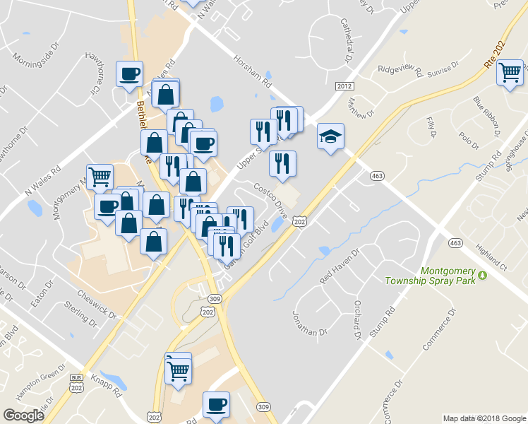 map of restaurants, bars, coffee shops, grocery stores, and more near 196 Susan Circle in North Wales