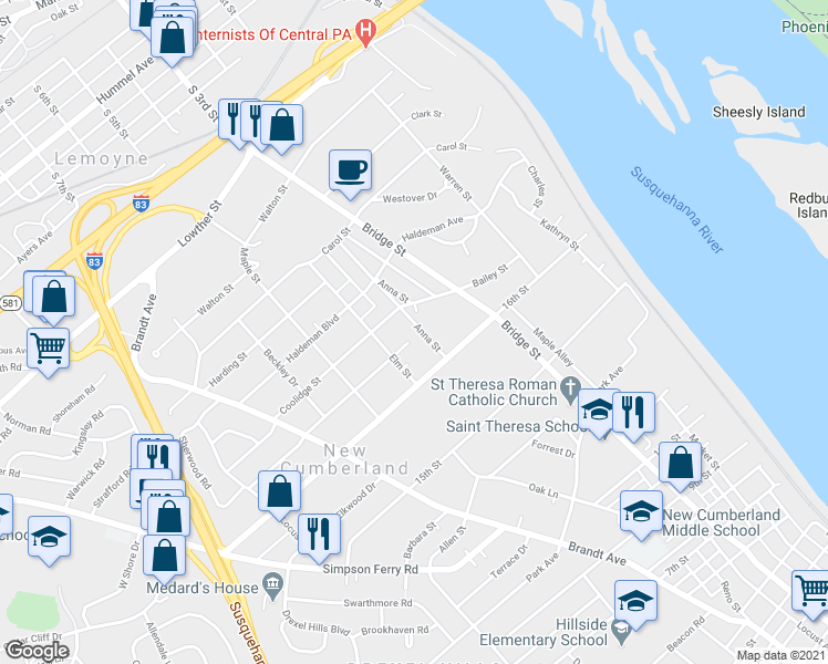 map of restaurants, bars, coffee shops, grocery stores, and more near 407 Linwood Street in New Cumberland