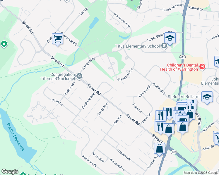 map of restaurants, bars, coffee shops, grocery stores, and more near 223 Wayside Drive in Warrington