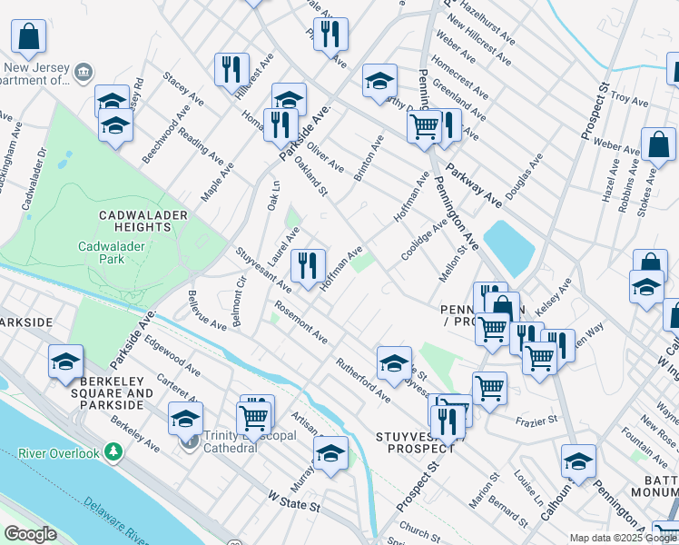 map of restaurants, bars, coffee shops, grocery stores, and more near 59 Ellsworth Avenue in Trenton