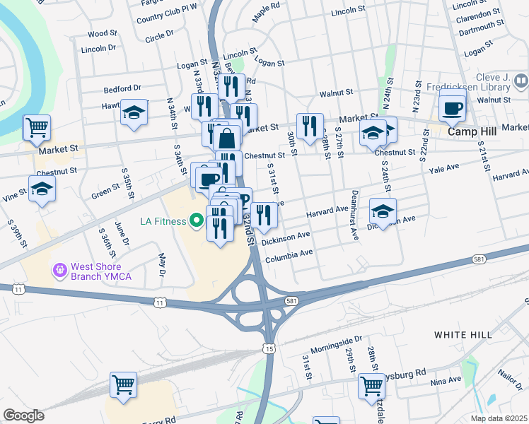 map of restaurants, bars, coffee shops, grocery stores, and more near 3117 Yale Avenue in Camp Hill