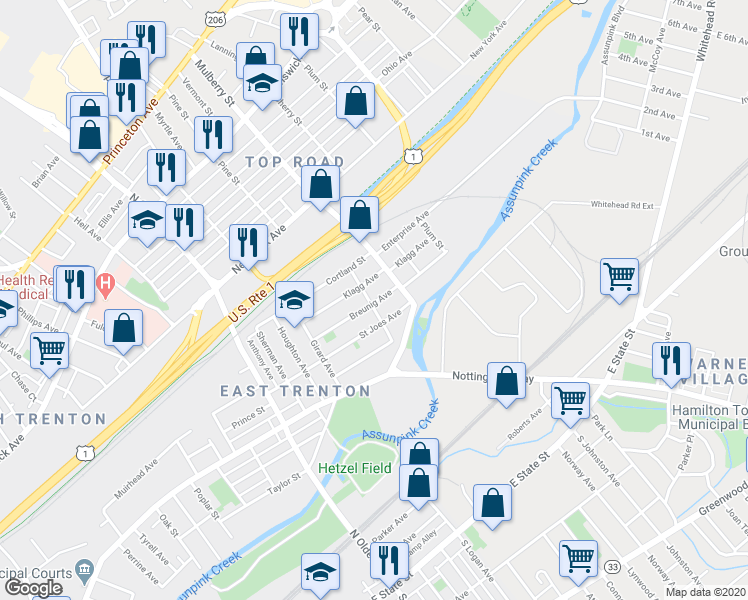 map of restaurants, bars, coffee shops, grocery stores, and more near 200 East Trenton Avenue in Trenton