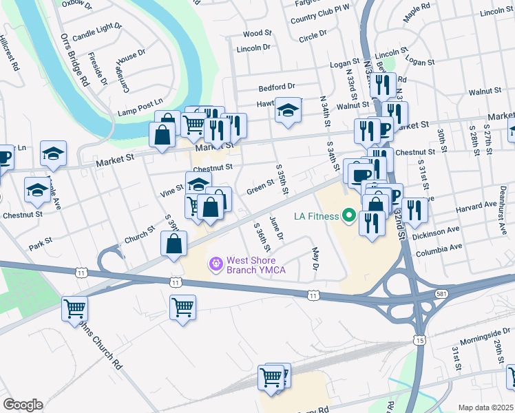 map of restaurants, bars, coffee shops, grocery stores, and more near 3514 Trindle Road in Camp Hill