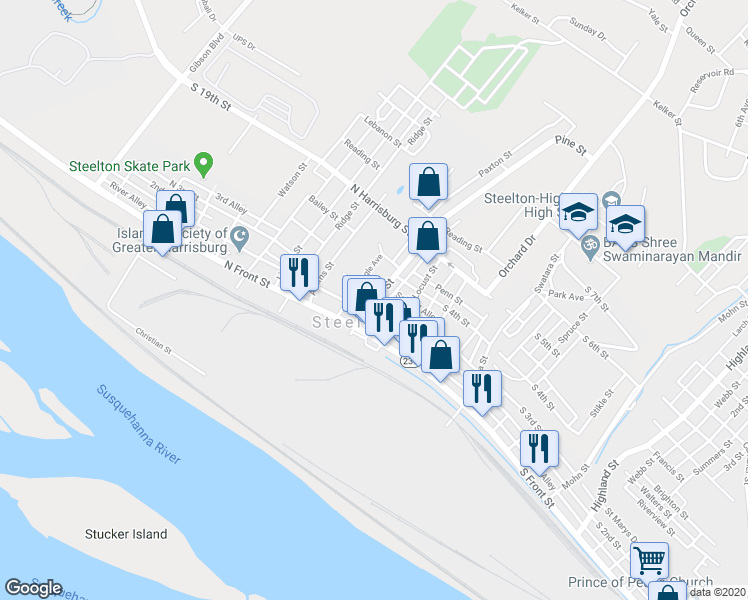 map of restaurants, bars, coffee shops, grocery stores, and more near 115 Pine St in Harrisburg