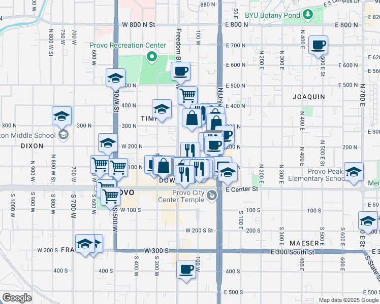 map of restaurants, bars, coffee shops, grocery stores, and more near 130 North Freedom Boulevard in Provo