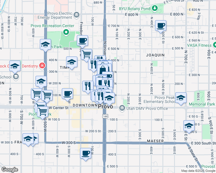 map of restaurants, bars, coffee shops, grocery stores, and more near 180 North University Avenue in Provo