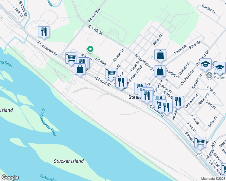 map of restaurants, bars, coffee shops, grocery stores, and more near 101 Trewick Street in Steelton