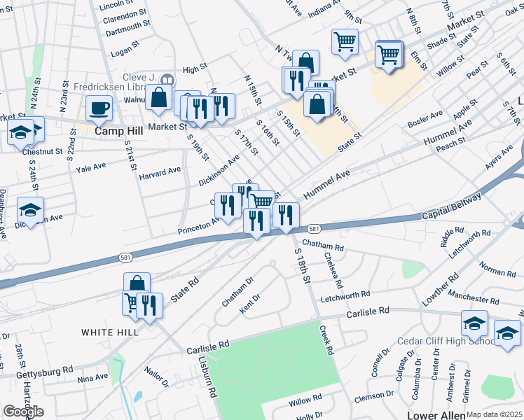 map of restaurants, bars, coffee shops, grocery stores, and more near 12 Hummel Avenue in Camp Hill