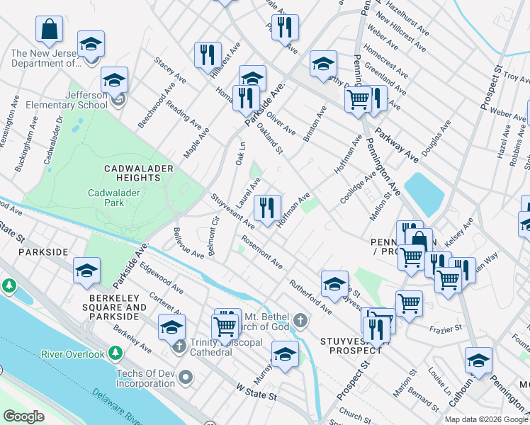map of restaurants, bars, coffee shops, grocery stores, and more near 38 Bryn Mawr Avenue in Trenton