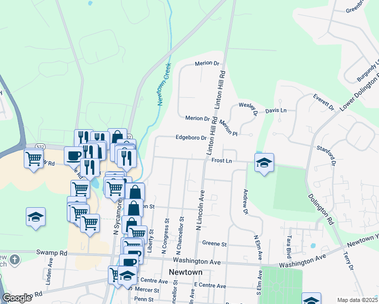 map of restaurants, bars, coffee shops, grocery stores, and more near 115 Frost Lane in Newtown