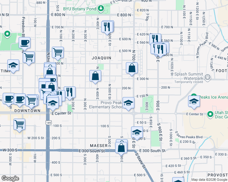 map of restaurants, bars, coffee shops, grocery stores, and more near 502 East 200 North in Provo