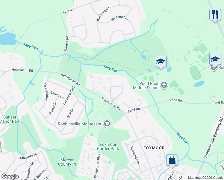 map of restaurants, bars, coffee shops, grocery stores, and more near 327 Andover Place in Robbinsville Township