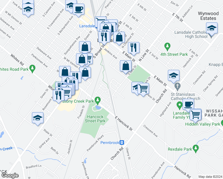 map of restaurants, bars, coffee shops, grocery stores, and more near 100 East Mount Vernon Street in Lansdale